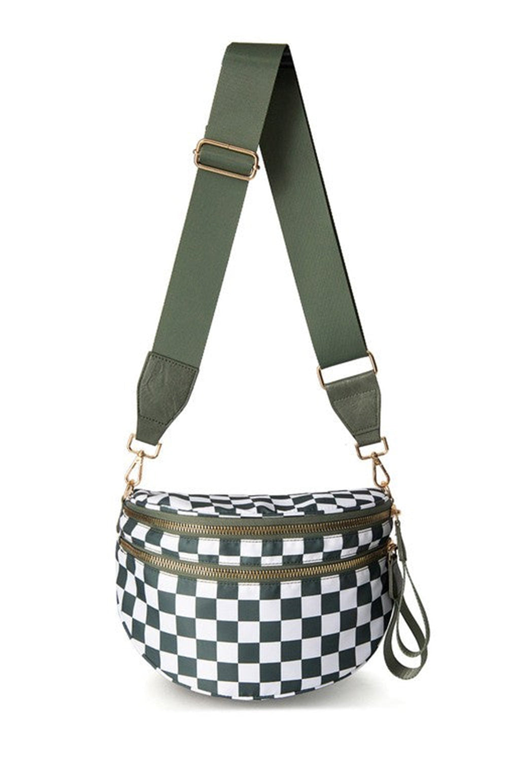 Blackish Green Checkered Print Wide Strap Large Crossbody Bag