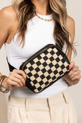 Black Faux Leather Checkered Patchwork Crossbody Bag