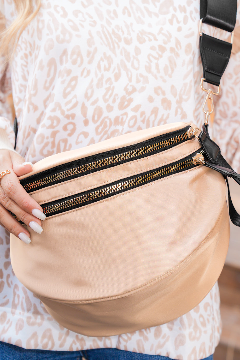 Parchment Wide Strap Zipper Crossbody Bag