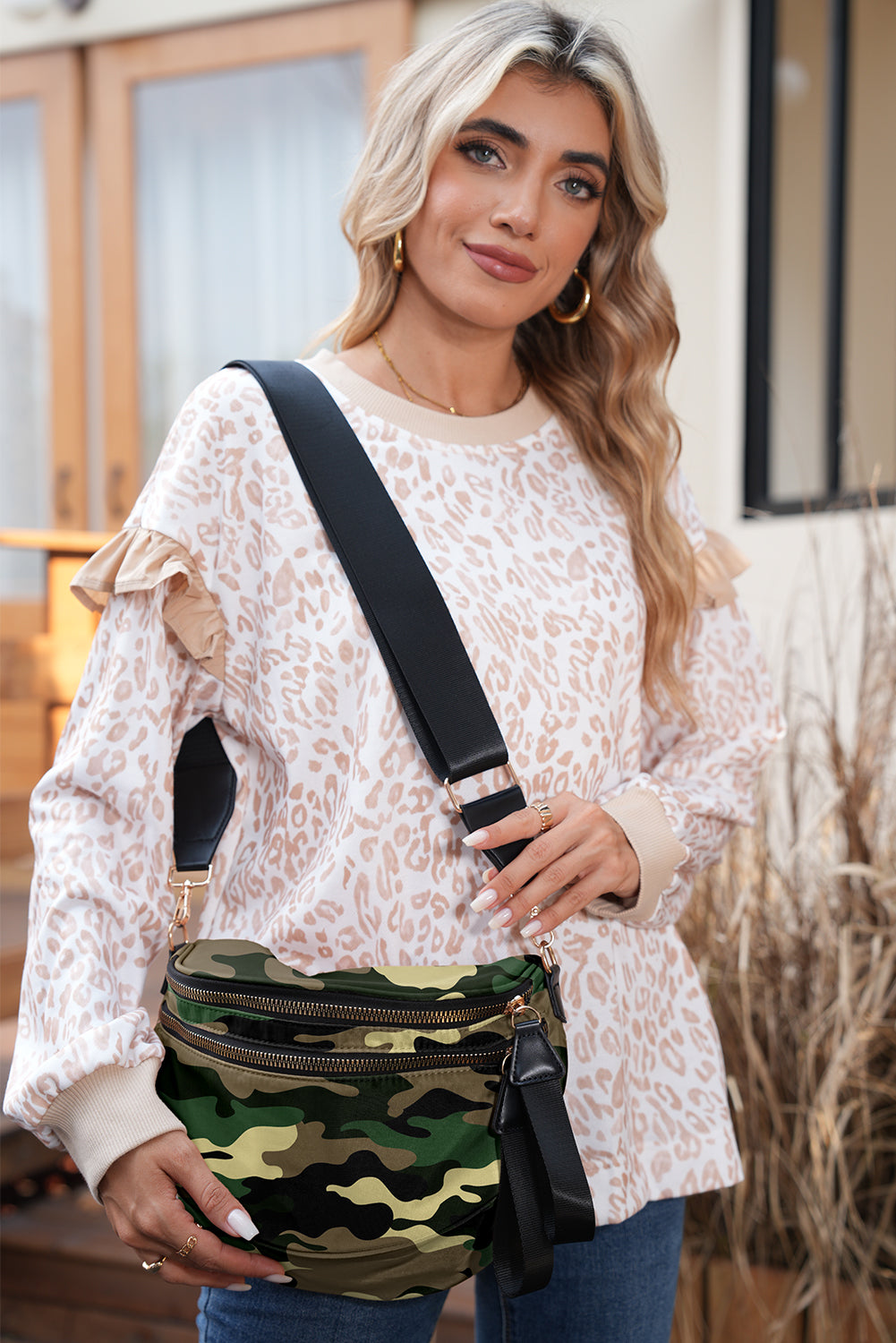 Green Camouflage Print Double Zipper Crossbody Bag